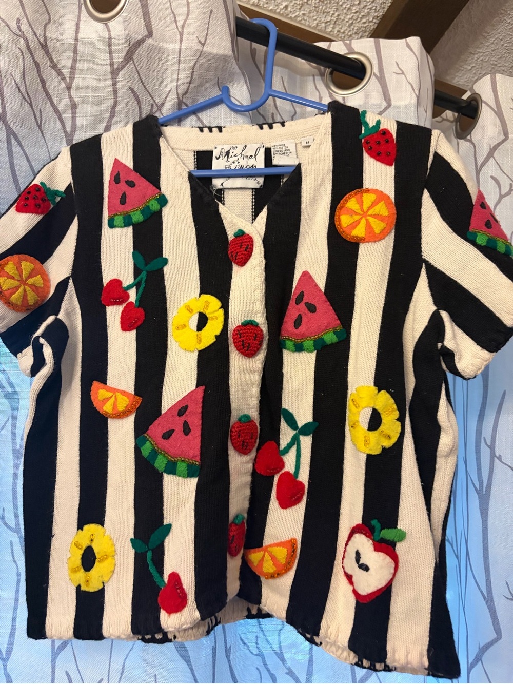 Vintage Michael Simon Black & White Striped Fruit Appliqué Cardigan